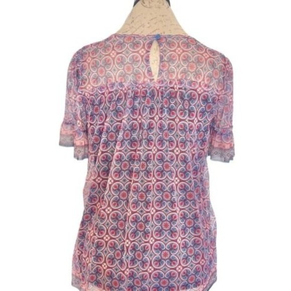 Womens Knit Mesh Blouse Top Size Medium Ruffle Pleated Boho Gypsy - Picture 10 of 12